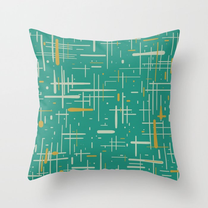 Mid-Century Modern Kinetikos Pattern in Teal Blue Green, Mustard Gold, and Celadon Throw Pillow Gallery Image 6