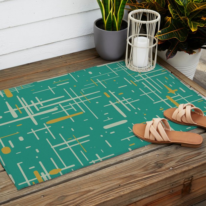 Mid-Century Modern Kinetikos Pattern in Teal Blue Green, Mustard Gold, and Celadon Outdoor Rug Gallery Image 2