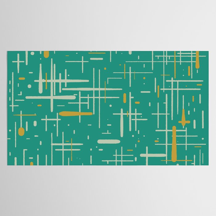 Mid-Century Modern Kinetikos Pattern in Teal Blue Green, Mustard Gold, and Celadon Tablecloth Gallery Image 2
