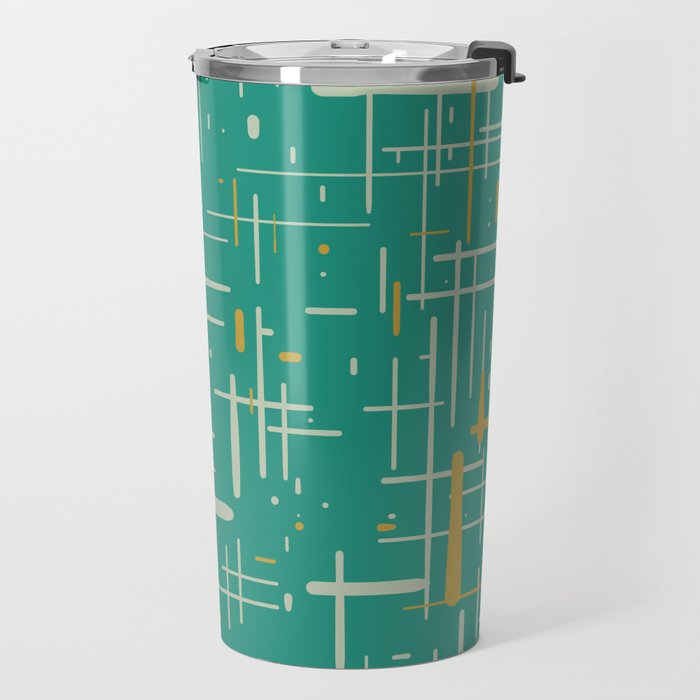 Mid-Century Modern Kinetikos Pattern in Teal Blue Green, Mustard Gold, and Celadon Travel Mug Gallery Image 2