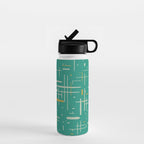 Mid-Century Modern Kinetikos Pattern in Teal Blue Green, Mustard Gold, and Celadon Water Bottle Gallery Image 1