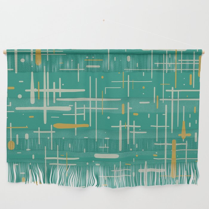 Mid-Century Modern Kinetikos Pattern in Teal Blue Green, Mustard Gold, and Celadon Wall Hanging Gallery Image 1