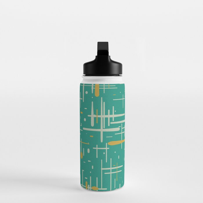 Mid-Century Modern Kinetikos Pattern in Teal Blue Green, Mustard Gold, and Celadon Water Bottle Gallery Image 3