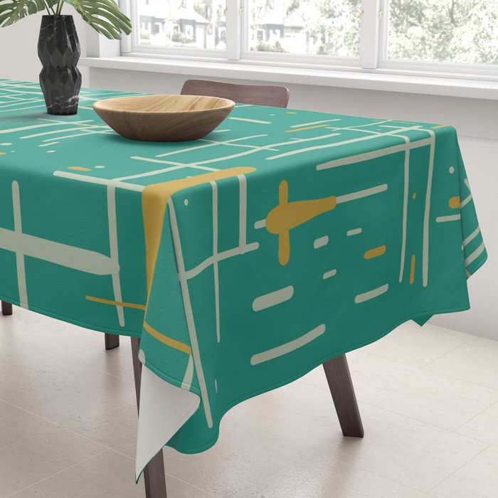 Mid-Century Modern Kinetikos Pattern in Teal Blue Green, Mustard Gold, and Celadon Tablecloth Gallery Image 3