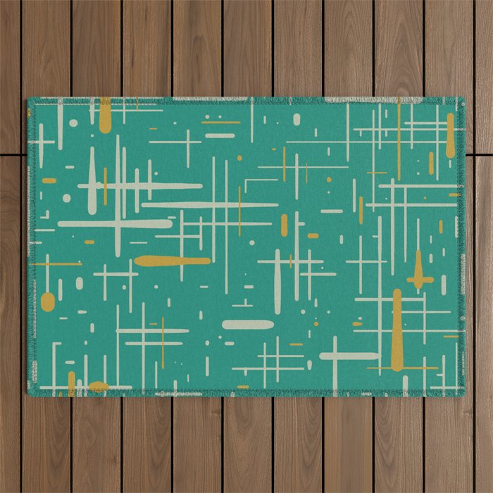 Mid-Century Modern Kinetikos Pattern in Teal Blue Green, Mustard Gold, and Celadon Outdoor Rug Gallery Image 1