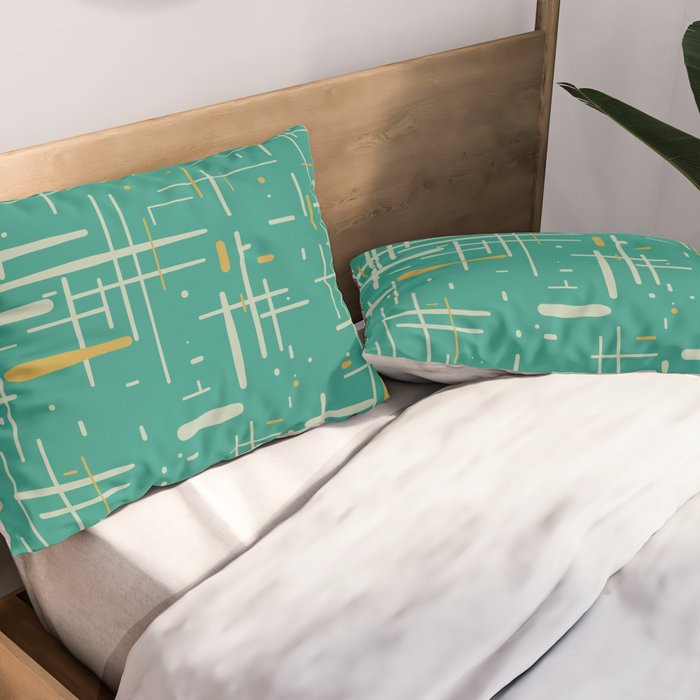 Mid-Century Modern Kinetikos Pattern in Teal Blue Green, Mustard Gold, and Celadon Pillow Sham Gallery Image 2