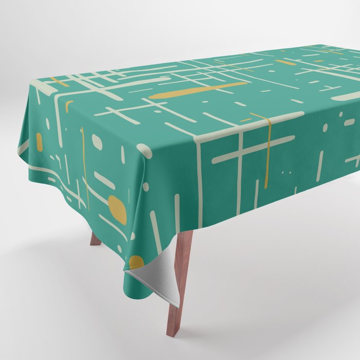 Mid-Century Modern Kinetikos Pattern in Teal Blue Green, Mustard Gold, and Celadon Tablecloth Gallery Image 1
