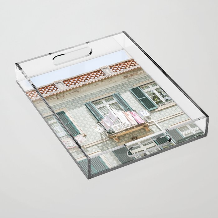 Laundry Day in Sintra | Tiled House in Portugal Art print | Street Travel Photography in Soft Pastel Colors Acrylic Tray Gallery Image 1