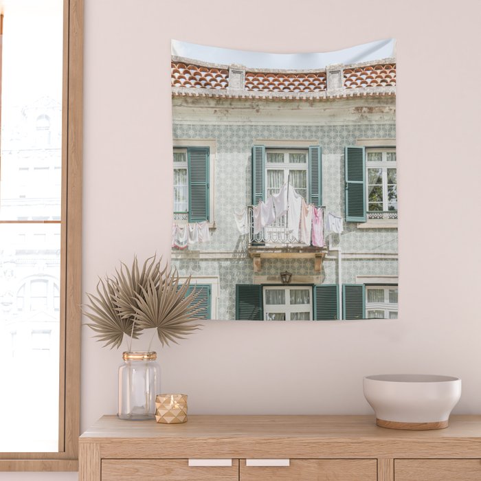Laundry Day in Sintra | Tiled House in Portugal Art print | Street Travel Photography in Soft Pastel Colors Wall Tapestry Gallery Image 2