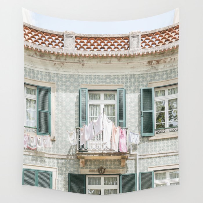 Laundry Day in Sintra | Tiled House in Portugal Art print | Street Travel Photography in Soft Pastel Colors Wall Tapestry Gallery Image 4