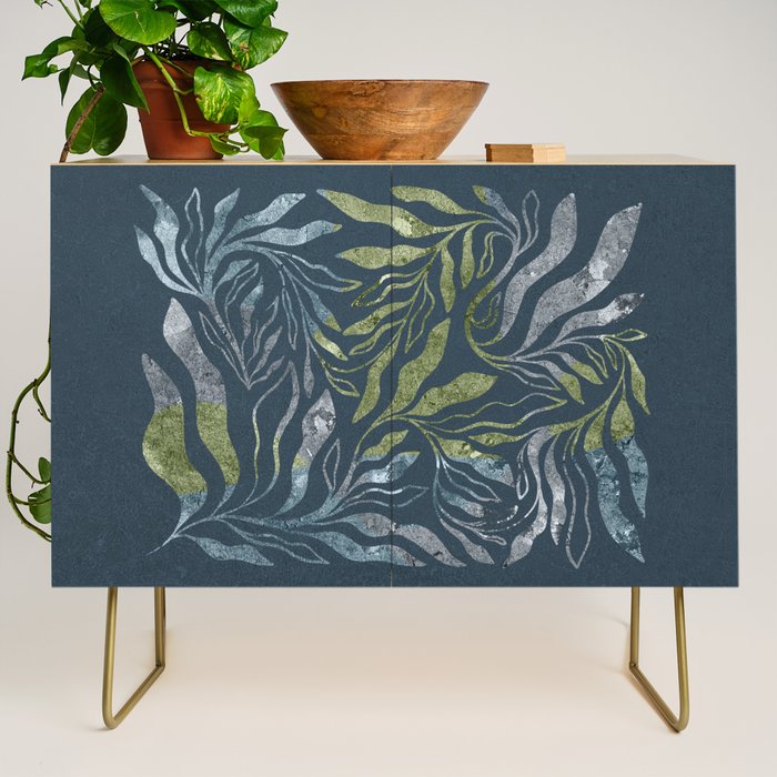 Endless Dark Leaf Illustration 1.1 Celestial Blue-Green Credenza Gallery Image 1