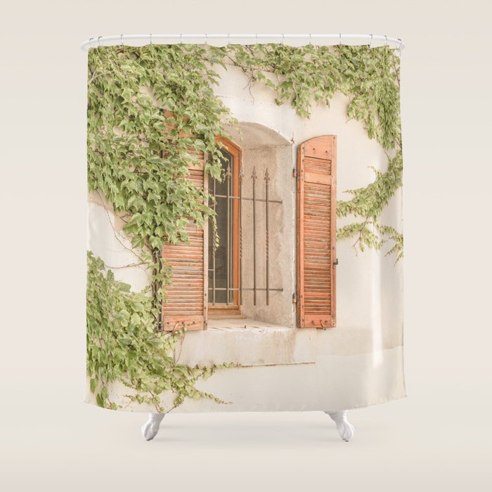 French Window Shutters Photo | Botanical Summer Art Print from Lyon | France Travel Photography Shower Curtain Gallery Image 1