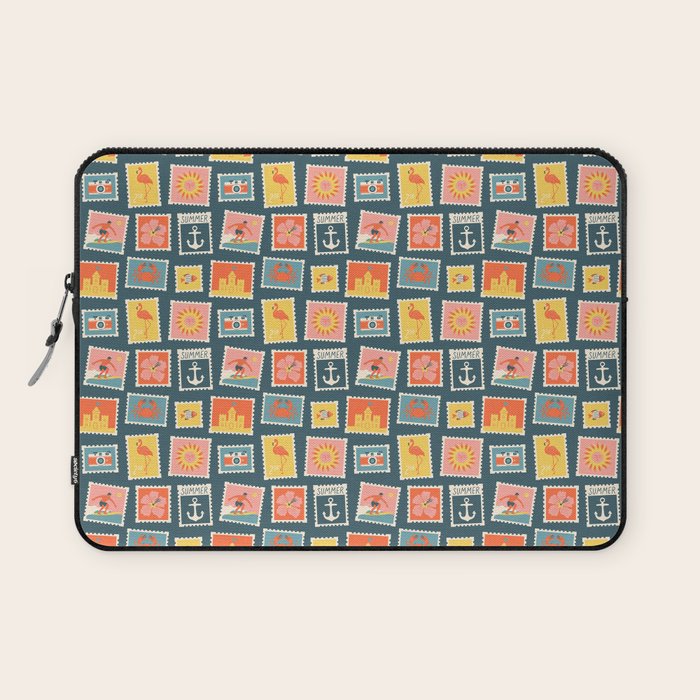 Vintage summer post stamp drawing pattern Laptop Sleeve Gallery Image 1