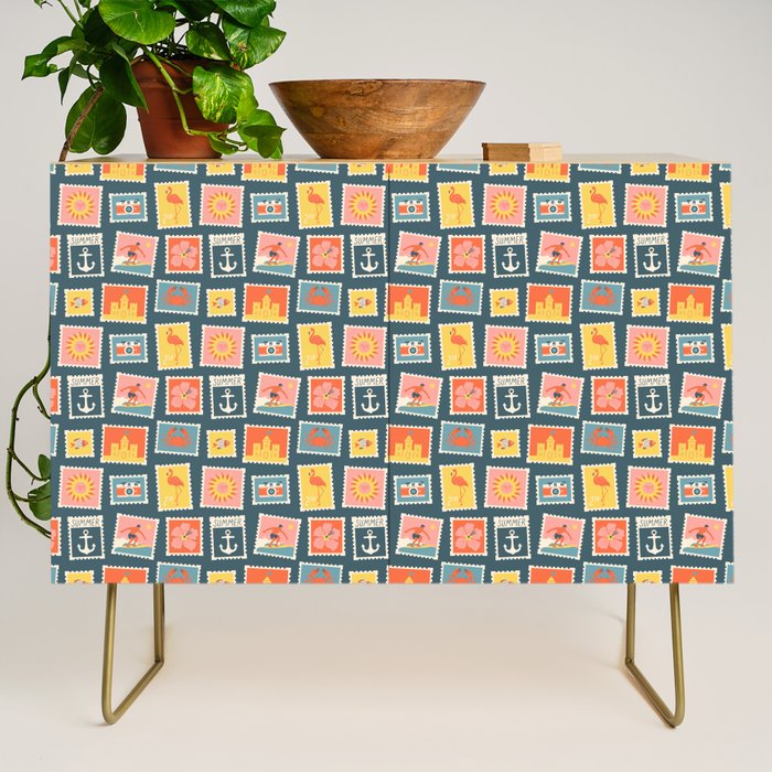 Vintage summer post stamp drawing pattern Credenza Gallery Image 1