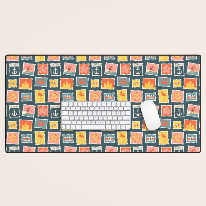 Vintage summer post stamp drawing pattern Desk Mat Gallery Image 1