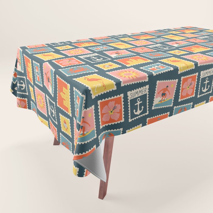 Vintage summer post stamp drawing pattern Tablecloth Gallery Image 1