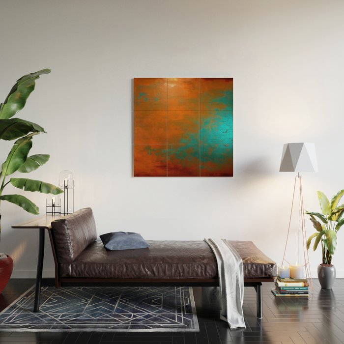 Aesthetic Copper and Aqua Blue Rust Wood Wall Art Gallery Image 2