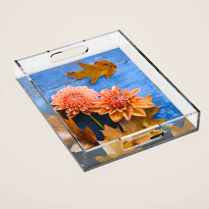 Oak Leaves and Dahlia Flowers Acrylic Tray Gallery Image 1
