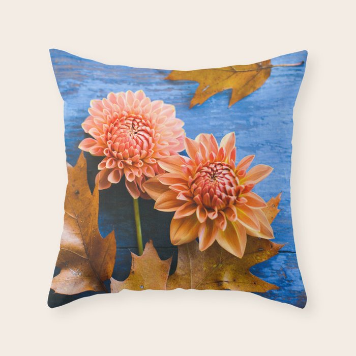 Oak Leaves and Dahlia Flowers Throw Pillow Gallery Image 6