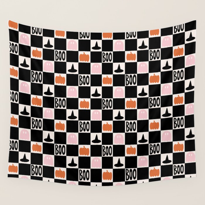 Halloween Checkered Print in Black and White Wall Tapestry Gallery Image 4