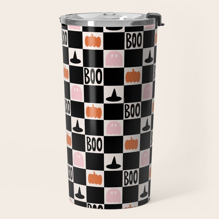 Halloween Checkered Print in Black and White Travel Mug Gallery Image 2