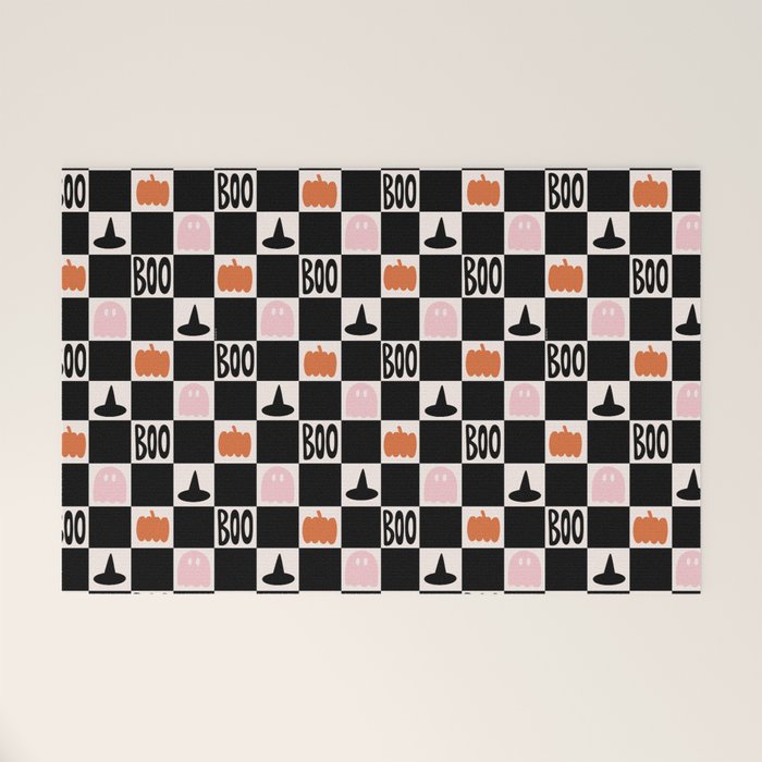 Halloween Checkered Print in Black and White Welcome Mat Gallery Image 1