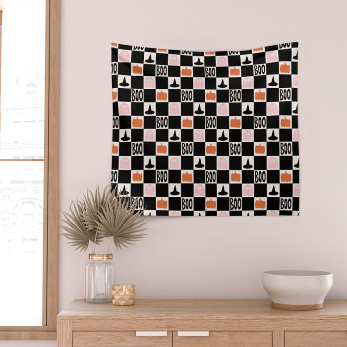 Halloween Checkered Print in Black and White Wall Tapestry Gallery Image 2