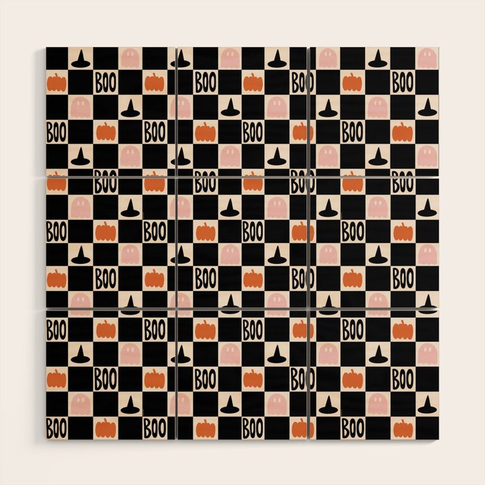 Halloween Checkered Print in Black and White Wood Wall Art Gallery Image 1
