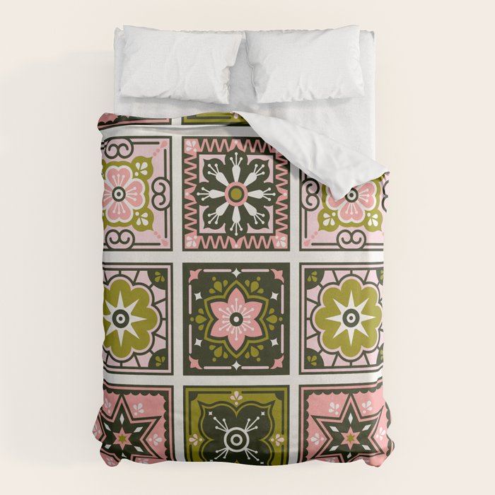 Talavera Mexican Tile - Blush & Sage Palette Duvet Cover Gallery Image 1