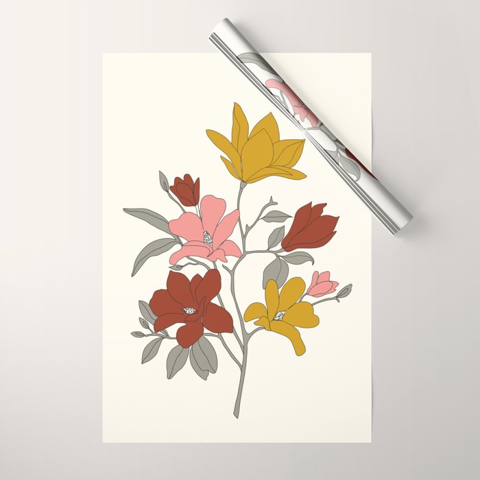 Colorful Minimal Line Art Magnolia Wrapping Paper Gallery Image 1