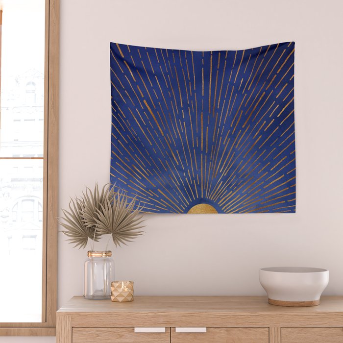 Twilight Blue and Metallic Gold Sunrise Wall Tapestry Gallery Image 2
