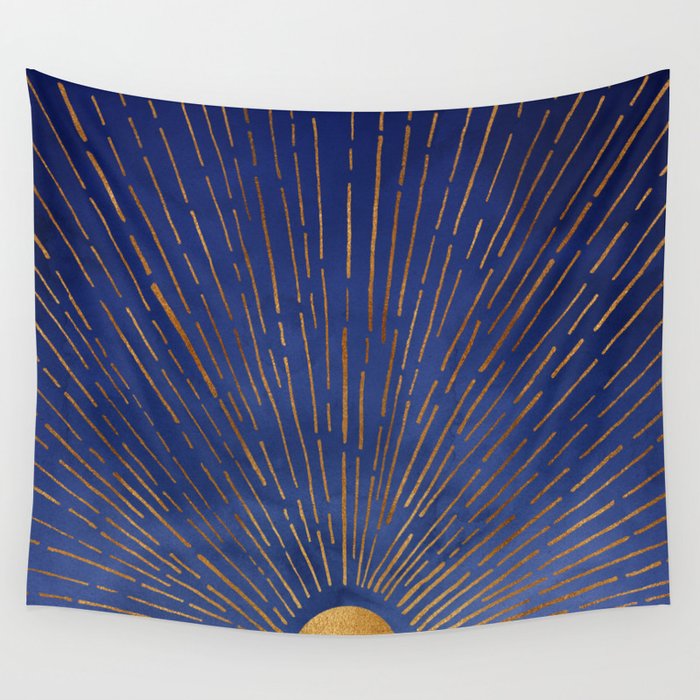 Twilight Blue and Metallic Gold Sunrise Wall Tapestry Gallery Image 4