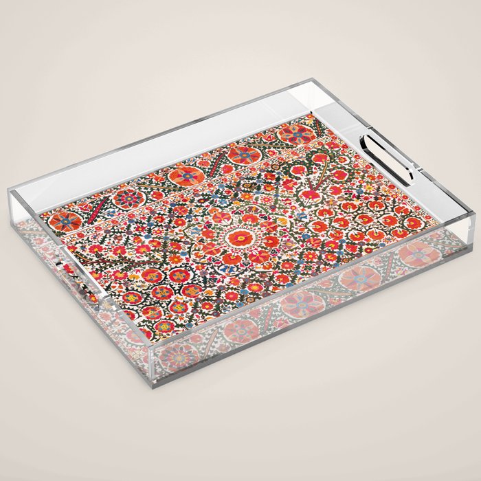 Bokhara Suzani  Antique Uzbekistan Floral Rug Print Acrylic Tray Gallery Image 1