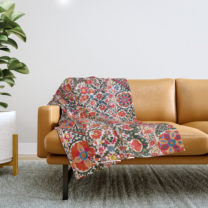 Bokhara Suzani  Antique Uzbekistan Floral Rug Print Throw Blanket Gallery Image 1