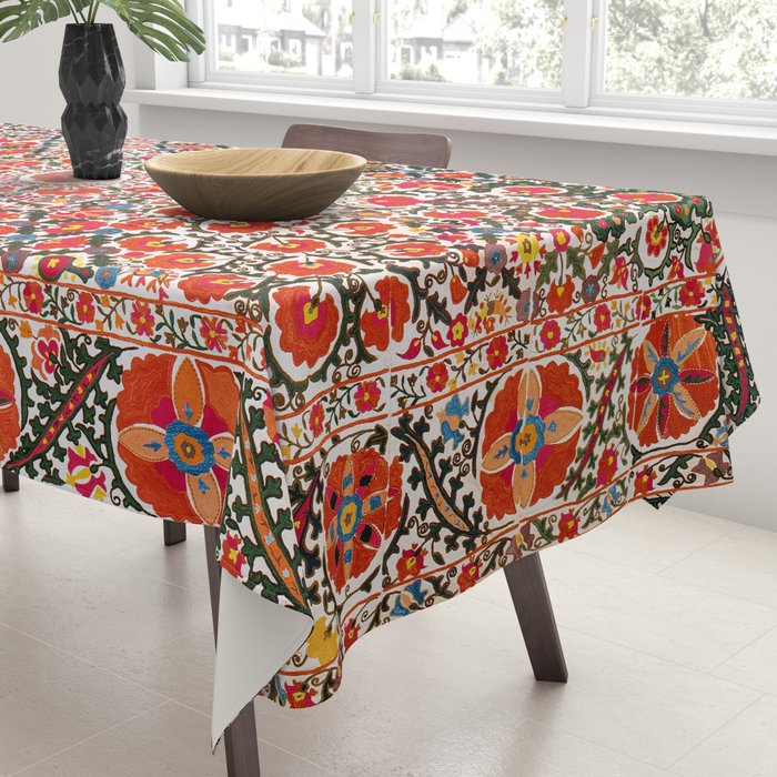 Bokhara Suzani  Antique Uzbekistan Floral Rug Print Tablecloth Gallery Image 3