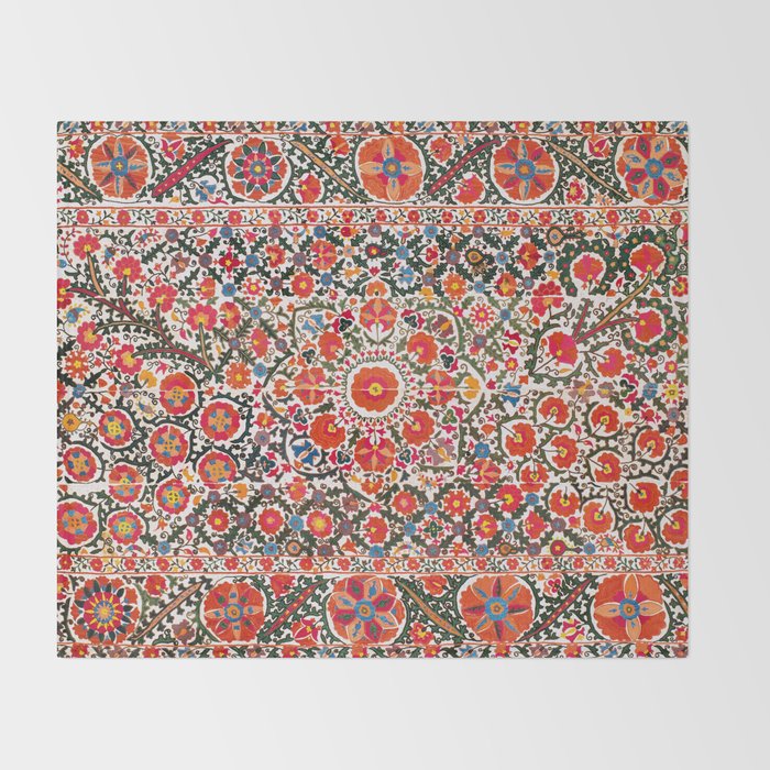 Bokhara Suzani  Antique Uzbekistan Floral Rug Print Throw Blanket Gallery Image 2