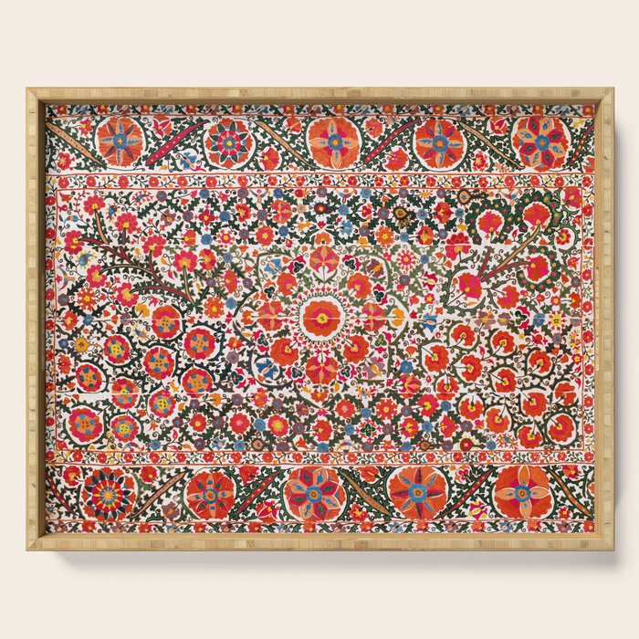 Bokhara Suzani  Antique Uzbekistan Floral Rug Print Serving Tray Gallery Image 1