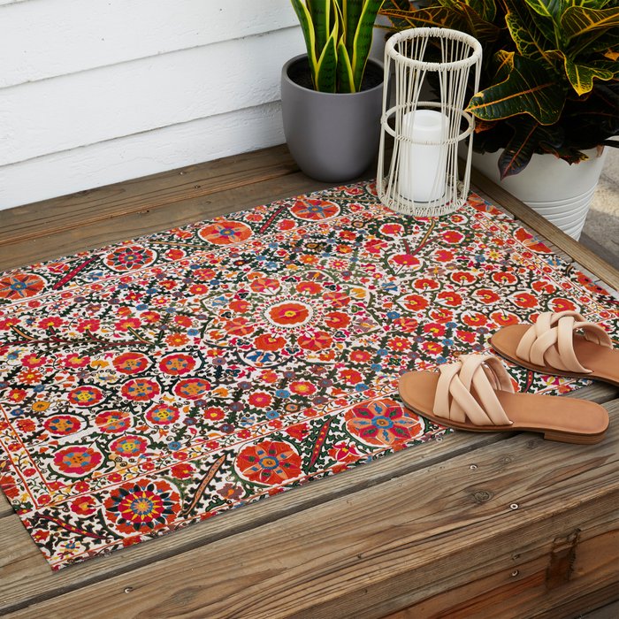 Bokhara Suzani  Antique Uzbekistan Floral Rug Print Outdoor Rug Gallery Image 2