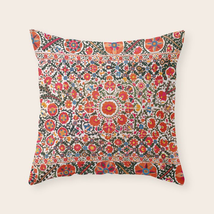 Bokhara Suzani  Antique Uzbekistan Floral Rug Print Throw Pillow Gallery Image 6