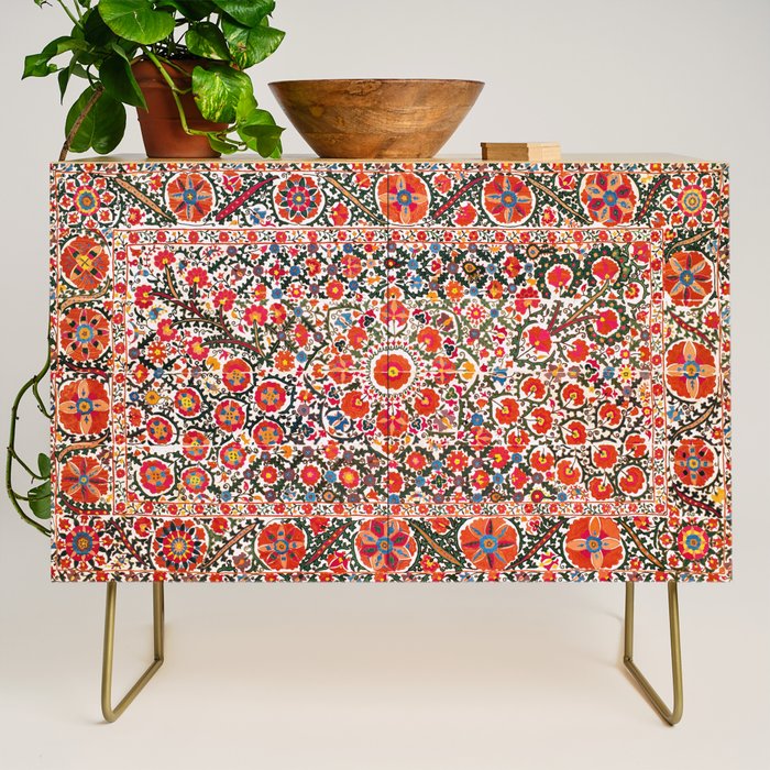 Bokhara Suzani  Antique Uzbekistan Floral Rug Print Credenza Gallery Image 1