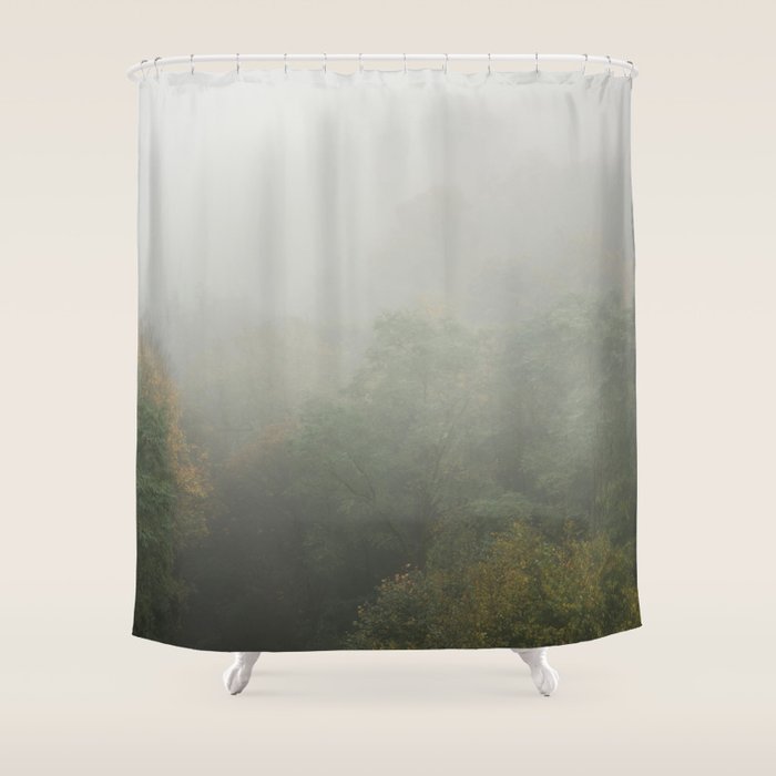 Belgium Misty Forest Scene | Atmospheric Nature Photography Shower Curtain Gallery Image 1