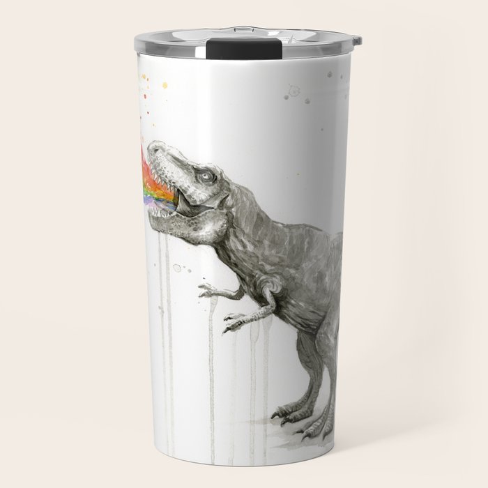 T-Rex Dinosaur Rainbow Puke Taste the Rainbow Watercolor Travel Mug Gallery Image 1