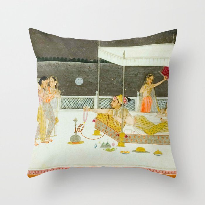 seduction scene on a terrace by moonlight Indian Miniature Painting Throw Pillow Gallery Image 1