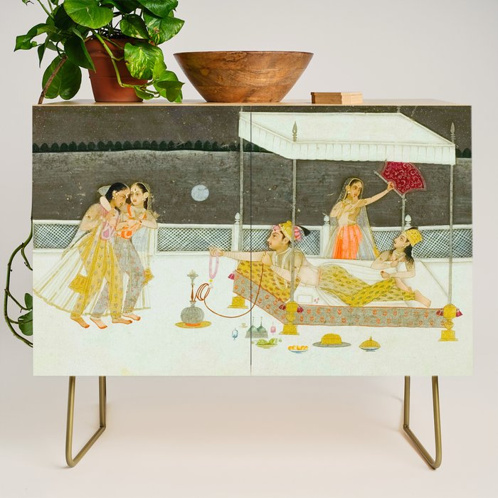 seduction scene on a terrace by moonlight Indian Miniature Painting Credenza Gallery Image 1