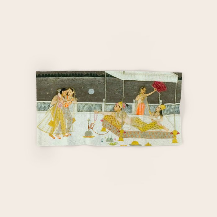 seduction scene on a terrace by moonlight Indian Miniature Painting Bath Towel Gallery Image 1