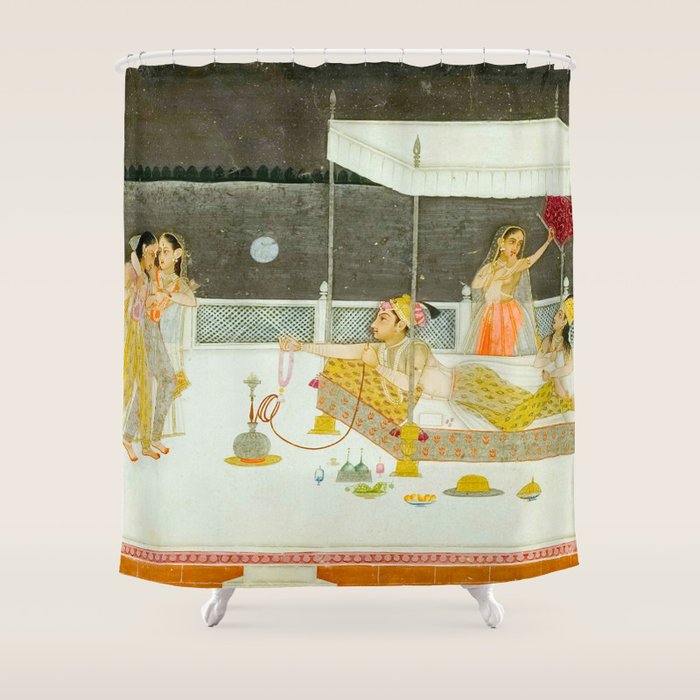 seduction scene on a terrace by moonlight Indian Miniature Painting Shower Curtain Gallery Image 1