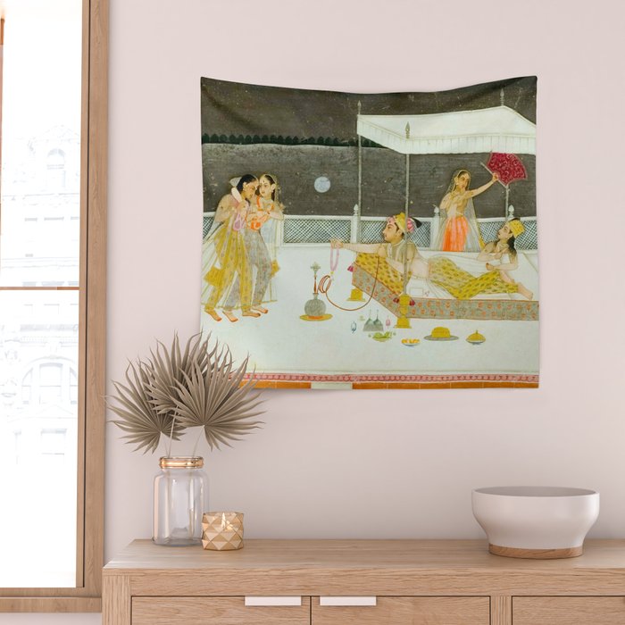 seduction scene on a terrace by moonlight Indian Miniature Painting Wall Tapestry Gallery Image 2