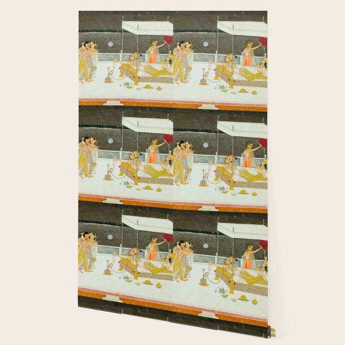 seduction scene on a terrace by moonlight Indian Miniature Painting Wallpaper Gallery Image 2