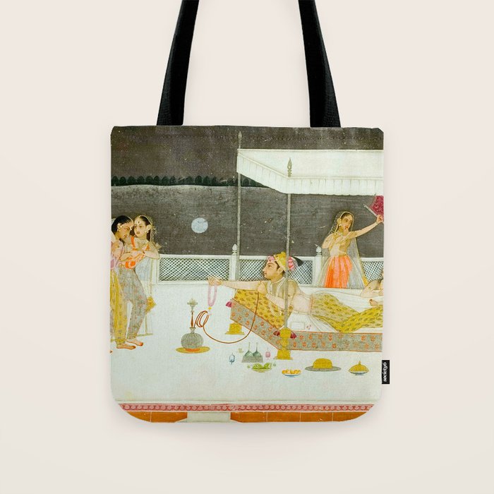 seduction scene on a terrace by moonlight Indian Miniature Painting Tote Bag Gallery Image 1