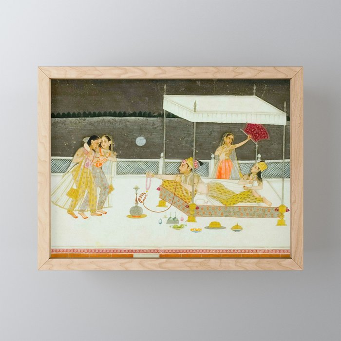 seduction scene on a terrace by moonlight Indian Miniature Painting Mini Art Print Gallery Image 1